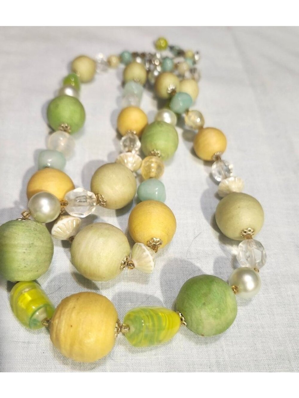Vintage Multicolor Double Strand Beaded Necklace Yellow Green Beads 1960s Jewelr